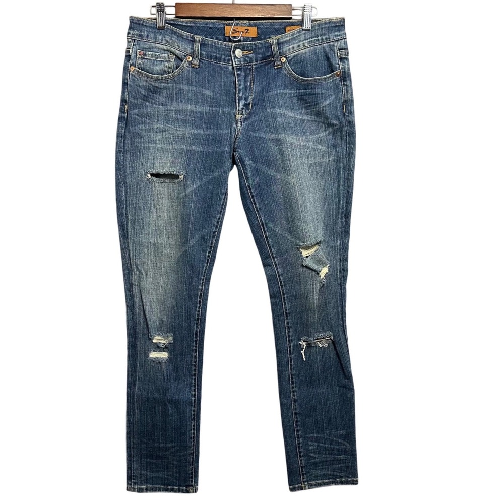 Seven7 Skinny Jeans 30 Blue Distressed Ripped Denim Mid Rise Casual Edgy